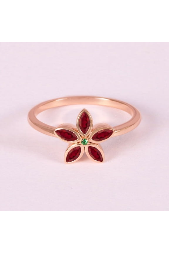 Marquise Ruby Flower Ring, Emerald And Ruby Ring, Mini Floral Ring, 925 Starling Sivler Minimalist Handmade Jewelry, Proposal Ring, Birthsone Jewelry, Birthday Gift For Lover