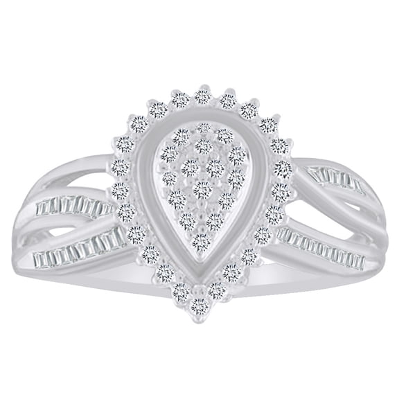 AFFY Marquise Shape Cocktail Ring In 10k Solid White Gold Round & Baguette Shape White Natural Diamond (0.33 cttw)