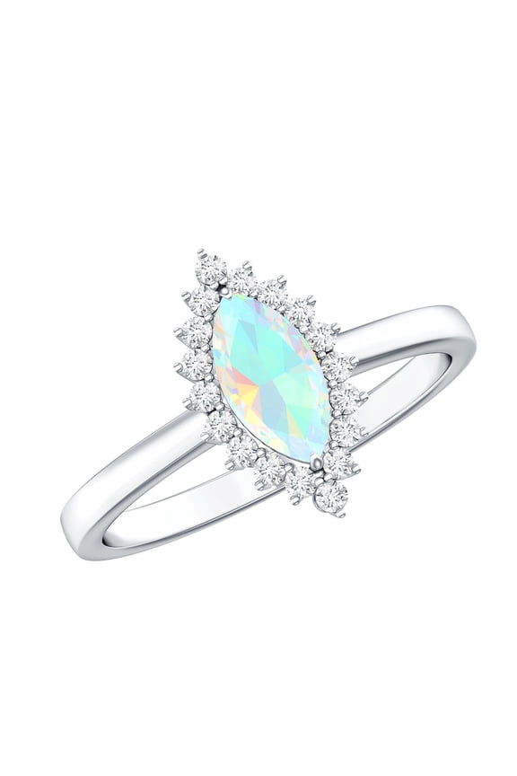 Real Ethiopian Opal Marquise Engagement Ring with Halo - AAA Quality - Opal Diamond Ring for Women - with Jewelry Box, 18K White Gold, US 10.50