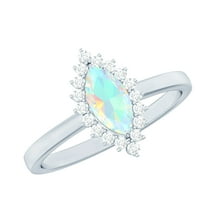 Rosec Jewels Marquise Shape Ethiopian Opal Ring with Diamond (0.75 CT, AAA Quality), 925 Sterling Silver, US 4.00