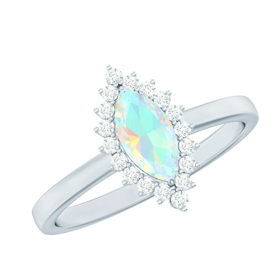 Rosec Jewels Marquise Shape Ethiopian Opal Ring with Diamond (0.75 CT, AAA Quality), 925 Sterling Silver, US 4.00