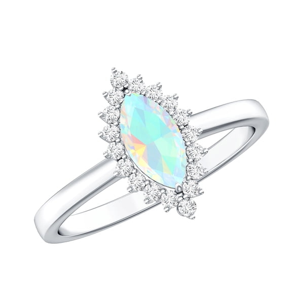 Rosec Jewels Real Ethiopian Opal Marquise Engagement Ring with Halo - AAA Quality - Opal Diamond Ring for Women - with Jewelry Box, 925 Sterling Silver, US 4.00