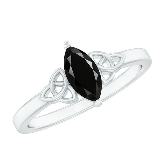 Marquise Shape Lab Created Black Diamond Solitaire Ring for Women, Celtic Knot Ring - AAA Grade, 14K White Gold, US 10.00