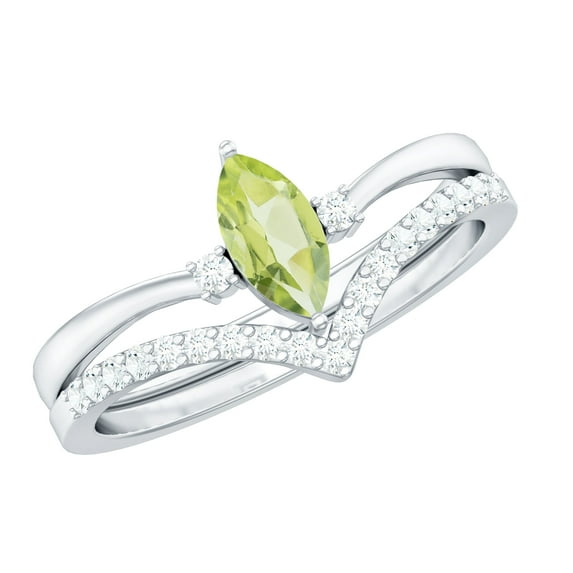 Rosec Jewels Peridot Diamond Wedding Bridal Ring Set - Marquise Engagement Ring with Enhancer - AAA Grade - With Jewelry Box, 14K White Gold, US 5.00