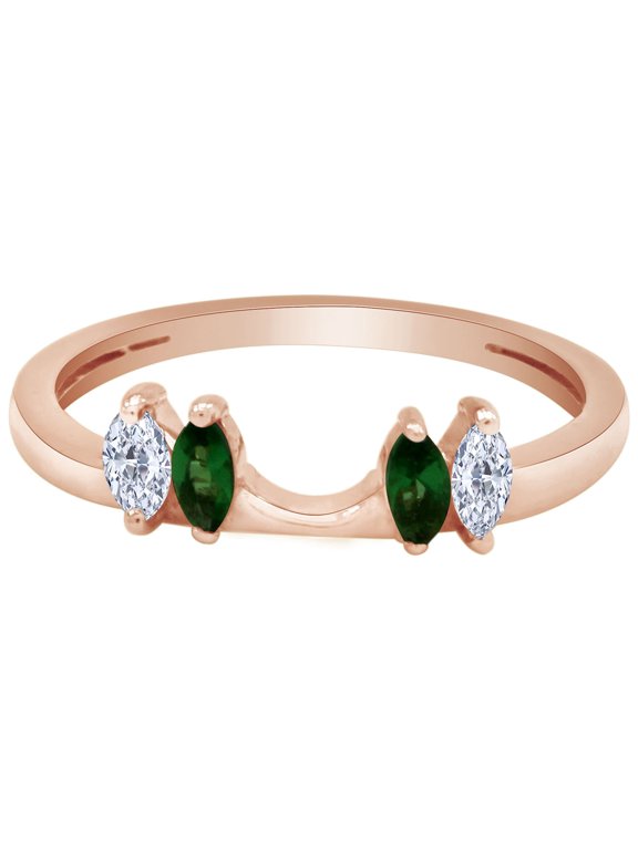 Marquise Shape Simulated Green Emerald & Cubic Zirconia Enhancer Guard 14K Rose Gold Ring Size - 8