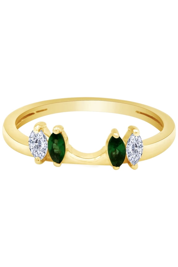 Marquise Shape Simulated Green Emerald & Cubic Zirconia Enhancer Guard 14K Yellow Gold Ring Size - 10.5