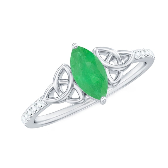 Rosec Jewels Natural Emerald Diamond Engagement Ring - Celtic Knot Ring (0.8 Ct, Marquise Emerald, AAA Quality) - with Jewelry Box, 18K White Gold, US 7.00