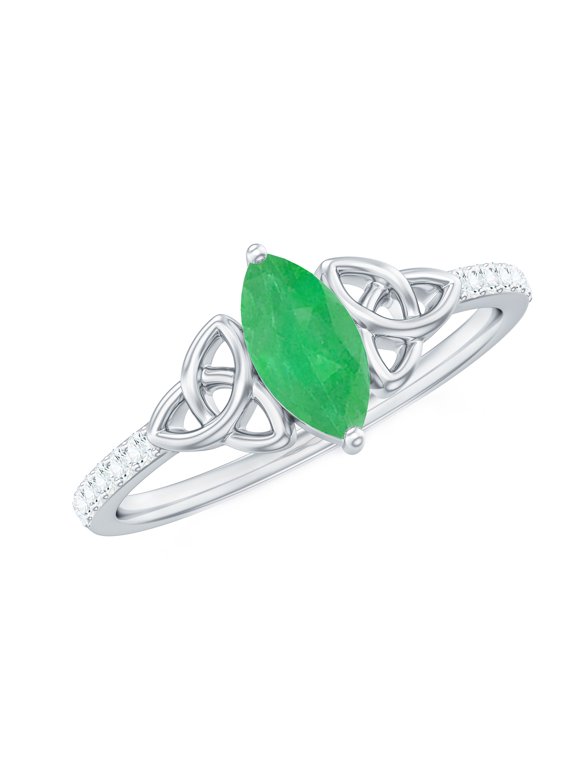 Real Emerald Diamond Engagement Ring - Celtic Knot Ring (0.8 Ct, Marquise Emerald, AAA Quality) - with Jewelry Box, 925 Sterling Silver, US 4.00