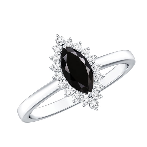 Rosec Jewels Certified Lab Grown Black Diamond Marquise Engagement Ring with White Diamond Halo - AAAA Grade - with Jewelry Box, 14K White Gold, US 12.00