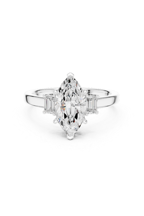 Marquise Shaped Moissanite Diamond Wedding Ring - Yellow Gold Plated Silver Three Stone Bridal Ring - Secure 6 Prong Setting Anniversary Ring for Her