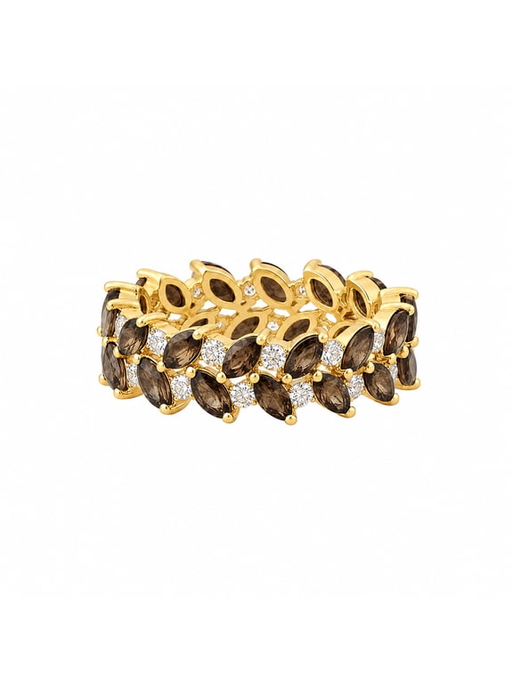 Marquise Smoky Quartz Eternity Ring, Moissanite Double Layer Band, Yellow Gold Plated 925 Sterling Silver Ring, Stacking Proposal Ring, Gift for Her