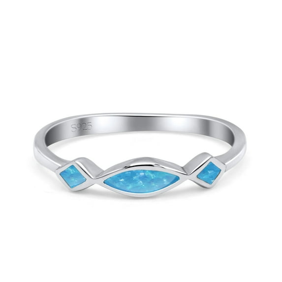 Marquise Vintage Style Petite Dainty Lab Blue Opal Ring Band 925 Sterling Silver Size 7