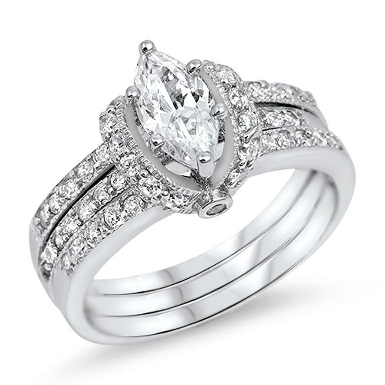 Marquise White CZ Bridal Engagement Ring Sizes 4 5 6 7 8 9 10 11 12 13 Set 925 Sterling Silver Band Rings Size 13