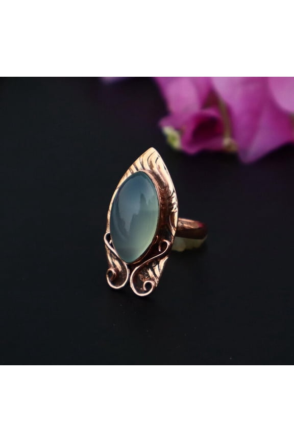 Marquise White Chalcedony Copper Ring Artisan Handmade Fashionable Boho Statement Gift Bohemian Copper Ring with Chalcedony Healing Ring