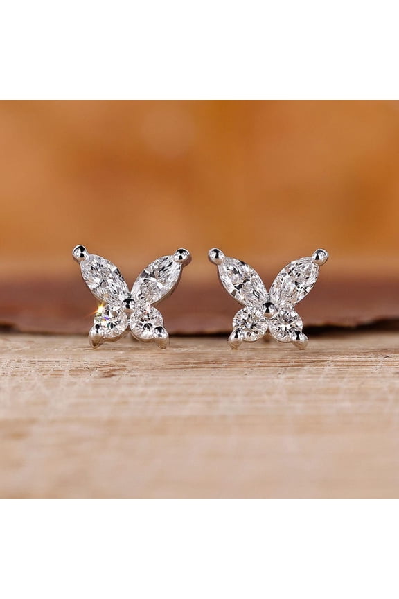 Marquise and Round Diamond Butterfly Stud Earrings, Lab Grown Diamond Earrings, Diamond Studs for Her, Anniversary Gifts, Earrings for Gift