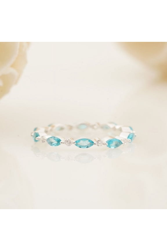 Marquise-cut Aquamarine wedding band Moissanite Diamond unique white gold Ring Alternating Stacking Anniversary Engagement Gift Ring For Her