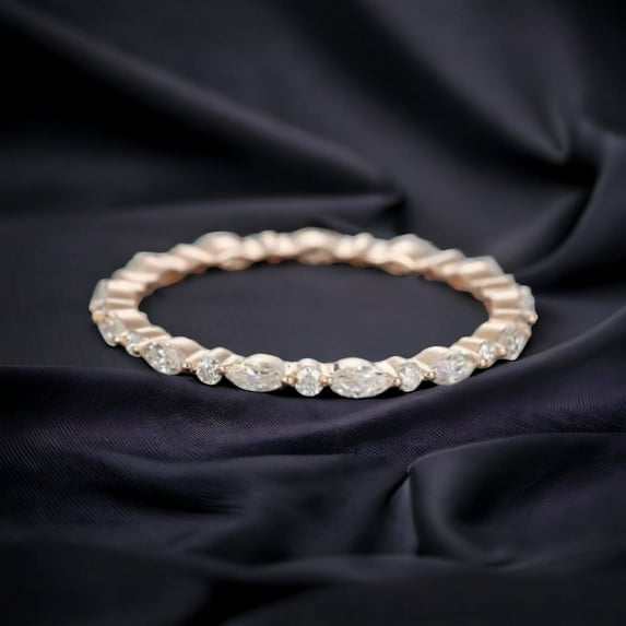 Marquise cut Moissanite wedding band Rose gold wedding band Unique Full eternity Diamond stacking matching Band 