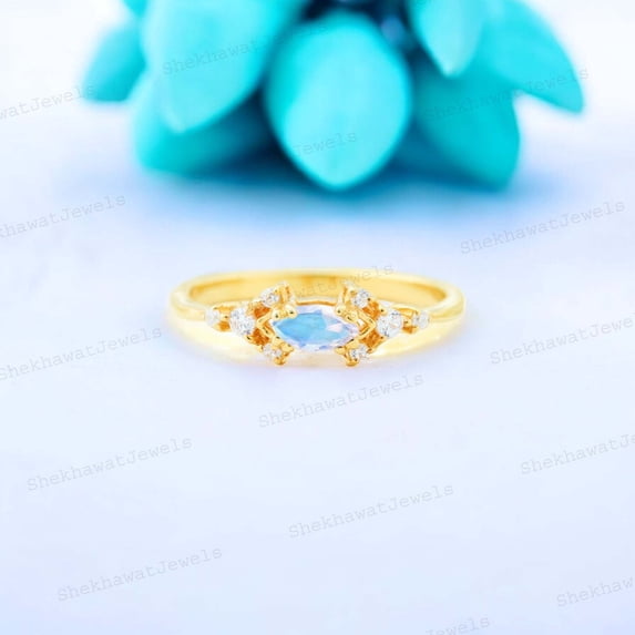 Marquise cut Moonstone engagement ring Unique Rose gold ring Marquise cut Moissanite Cluster Art deco Promise Anniversary ring for women