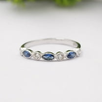 Marquise cut sapphire wedding band, Sterling silver round moissanite diamond ring, Dainty ring, Unique half Eternity Ring, Anniversary band