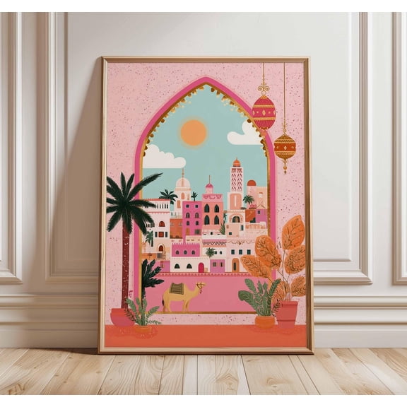 Marrakech City Poster Moroccan Architecture Wall Art Boho Travel Print Desert Sunset Illus