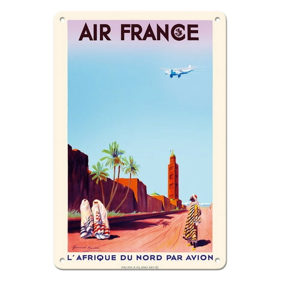 Marrakech Morocco - North Africa by Air - France - Vintage Airline Travel Poster by Maurice Guiraud-Riviére c.1934 - 8 x 12 inch Vintage Metal Tin Sign