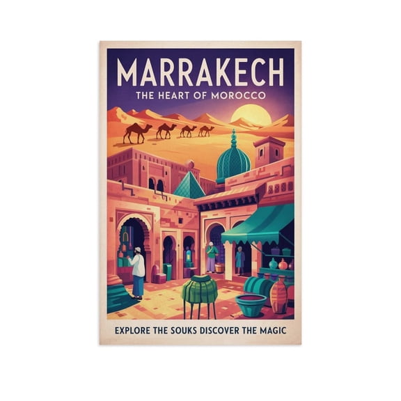 Marrakech Retro Travel Poster Vintage Moroccan City Tourism with Souks & Desert Canvas Poster