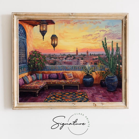 Marrakech Rooftop Terrace at Sunset, Rustic Earthy, Warm Moroccan Wall Art, Cottagecore Decor, Artwork 3593 Unframed Paper Print