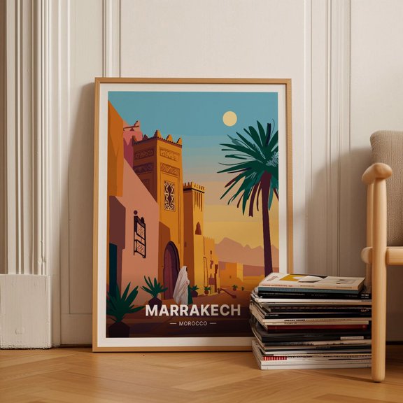 Marrakech Travel Retro Morocco City Landscape, Unframed Paper Poster 24x36in