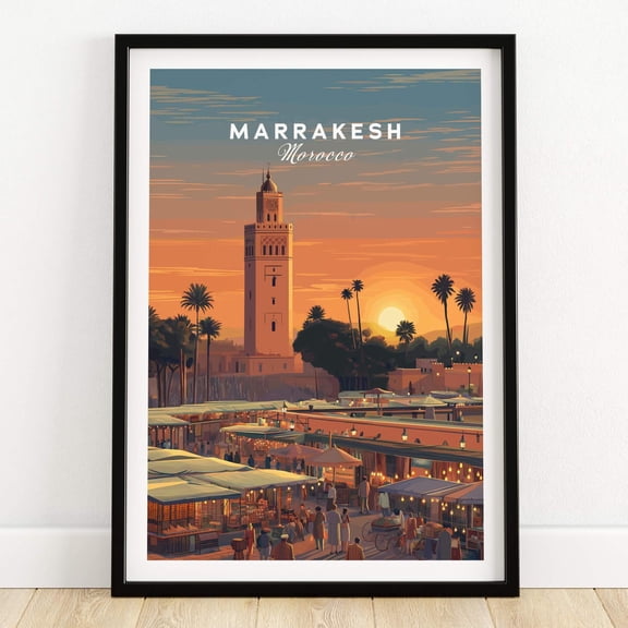 Marrakesh Morocco Travel Poster Vibrant Souk Mosque Wall Art Moroccan Medina Decor
