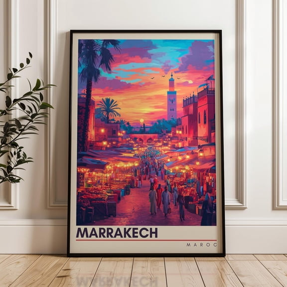 Marrakesh Travel Poster - Morocco Wall Art Print, Medina Illustration Artwork, Home & Office Decor, Gift Idea, Jemaa El-Fnaa Travel Print Wall Art, Modern Wall Decor, 16x24 UNFRAMED