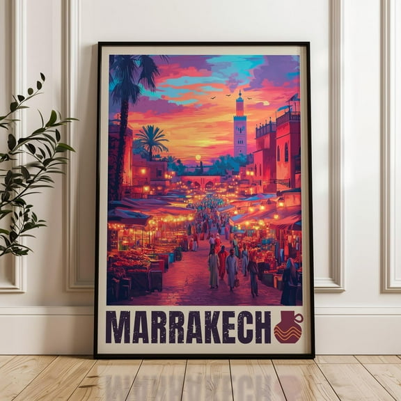 Marrakesh Travel Poster - Morocco Wall Art Print, Medina Illustration Artwork, Home & Office Decor, Gift Idea, Jemaa El-Fnaa Travel Print Wall Art, Modern Wall Decor, 12x18 UNFRAMED