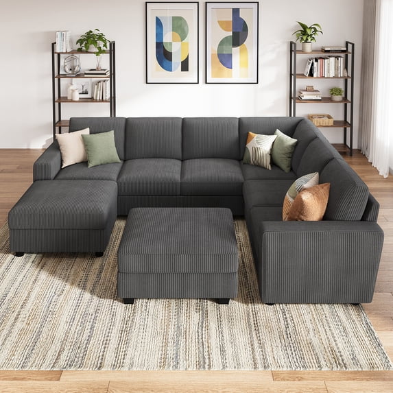 Marrber 102.4" Oversized 8-Seater Sectional Couch for Living Room, U-Shaped Modular Sectional Sofa with Storage Ottomans, Pet-Friendly Corduroy, Gray