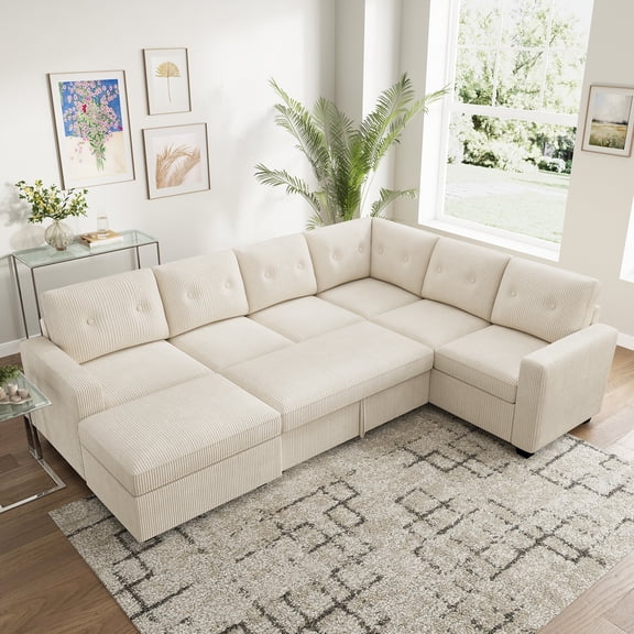 Marrber 106.2” U-Shaped Sectional Sleeper Sofa with Pull Out Bed & Reversible Storage Ottoman, Modular Sofa Bed for Living Room, Corduroy Beige