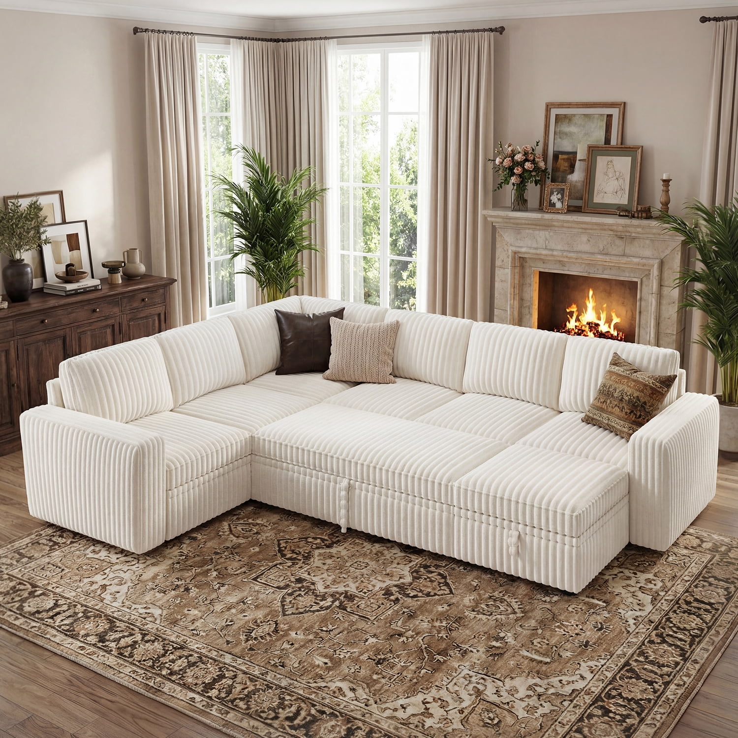 Marrber 106” Oversized Modern Plush Corduroy U-Shaped Modular 7-Seater Pull-Out Sectional Sleeper Sofa Bed with Hidden Storage for Living Room and Apartment, Easy Assembly, White