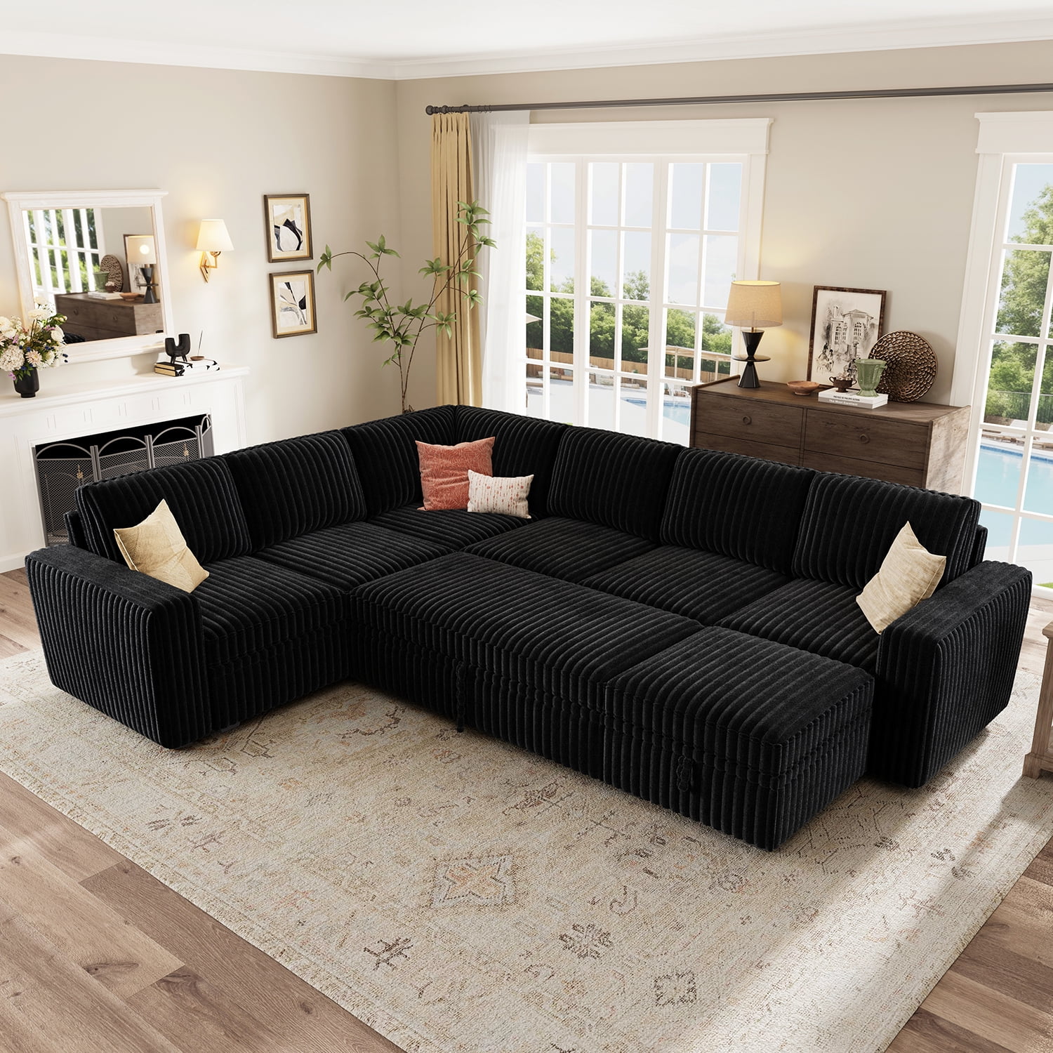 Marrber 106” Oversized Modern Plush Corduroy U-Shaped Modular 7-Seater Pull-Out Sectional Sleeper Sofa Bed with Hidden Storage for Living Room and Apartment, Pet-Friendly Fabric, Easy Assembly, Black
