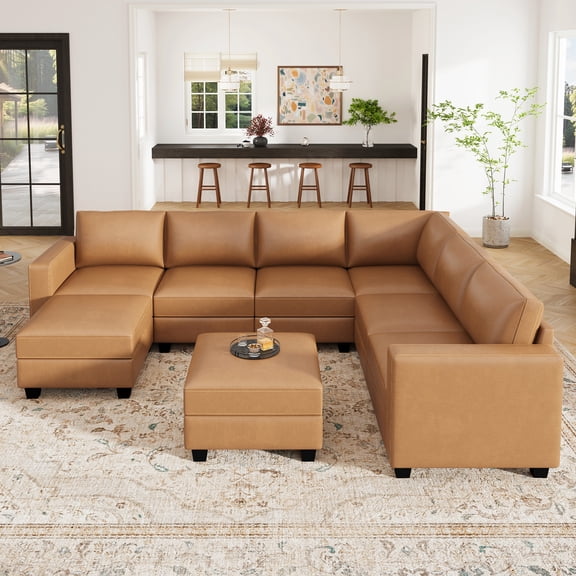 Marrber 125” 8-Piece Faux Leather Modular Sectional Sofa, Convertible&nbsp;U Shaped PU Couch with Two Storage Ottomans and Corner Seat, Living Room Sofa Set, Brown