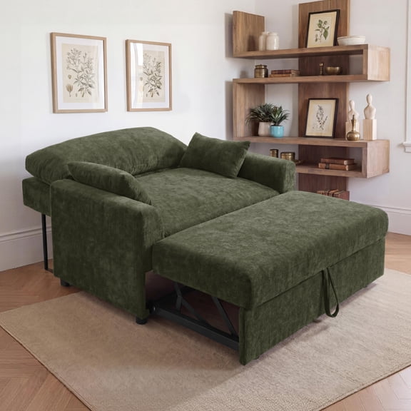 Marrber 51.6" Convertible Pull-Out Sofa Bed Sleeper Loveseat with Backrest, suitable for small spaces, chenille dark green