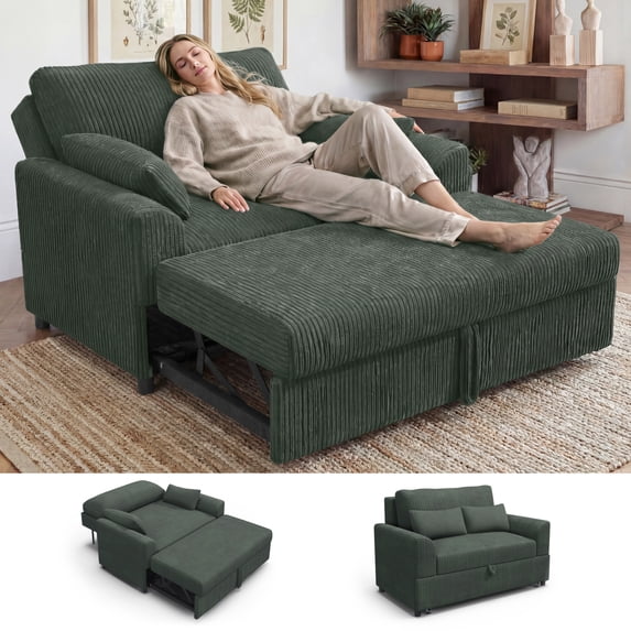 Marrber 51.6" Convertible Pull-Out Sofa Bed Sleeper Loveseat with Backrest, suitable for small spaces, corduroy dark green