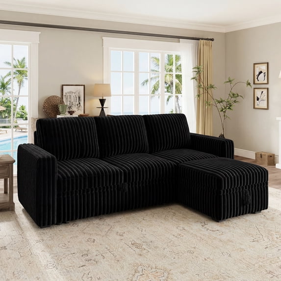 Marrber 78” Oversized Modern Plush Corduroy L-Shaped Modular 4-Seater Pull-Out Sectional Sleeper Sofa Bed with Hidden Storage for Living Room and Apartment, Black