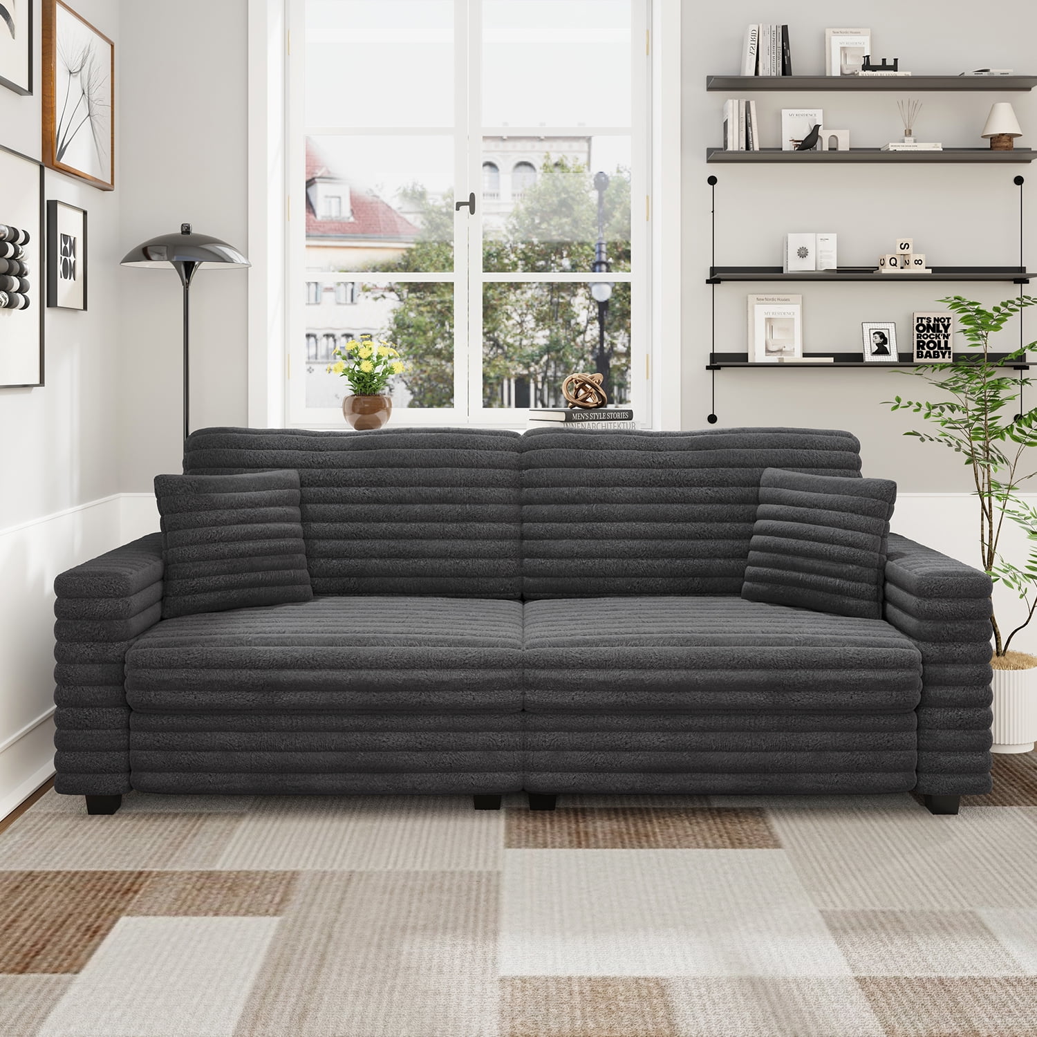 Marrber 79” Oversized Plush Corduroy Loveseat Cloud Sofa, Comfy Extra Deep Seat with Two Pillows and Wide Armrests for Living Room, Apartment, Sturdy, Gray