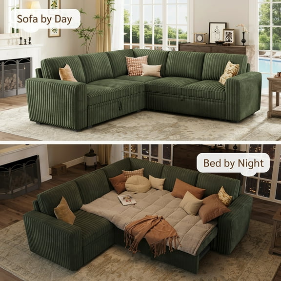 Marrber 84” Convertible Sectional Sleeper Sofa with Pull-Out Sofa Bed, L-Shaped Corner Sofa with Reversible Chaise and Hidden Storage, Pet-friendly Plush Corduroy for Living Room, Green