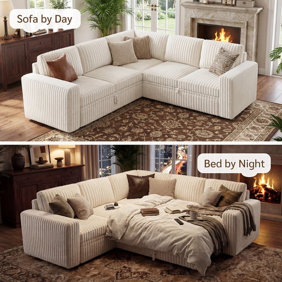 Marrber 84” Convertible Sectional Sleeper Sofa with Pull-Out Sofa Bed, L-Shaped Corner Sofa with Reversible Chaise and Hidden Storage, Pet-friendly Plush Corduroy for Living Room, White