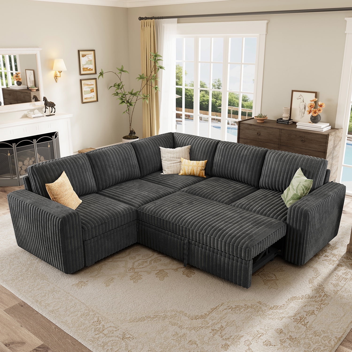 Marrber 84" Large Sectional Sofa with Pull-Out Sleeper Bed, Reversible Chaise & Hidden Storage, Pet-friendly Corduroy for Living Room, Gray