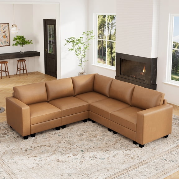 Marrber 96” 5-Piece L-Shaped Faux Leather Modular Sectional Sofa, Convertible PU Couch with Large Corner Seat for Living Room, Brown
