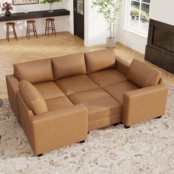 Marrber 97” 6-Piece Faux Leather Sectional Sleeper Sofa Bed, Modular Convertible PU Couch with Two Storage Ottomans for Living Room, Brown