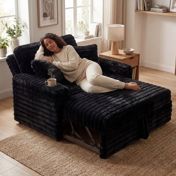 Marrber Black Plush Sofa 52” 3-in-1 Convertible Pull-Out Sofa Bed Sleeper Loveseat with Reclining Backrest, Built-in Cup Holders, Corduroy Upholstered Sofa for Small Space