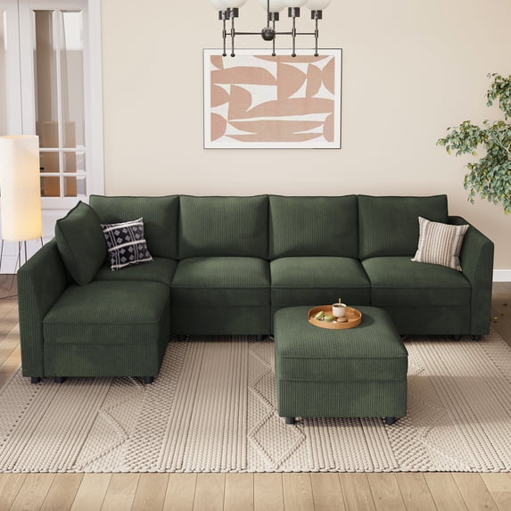 Marrber Convertible Modular L-Shaped Sectional Couch, 5 Seats Corner Sofa with Storage Ottoman for Living Room Small Space, Pet-Friendly Corduroy Green