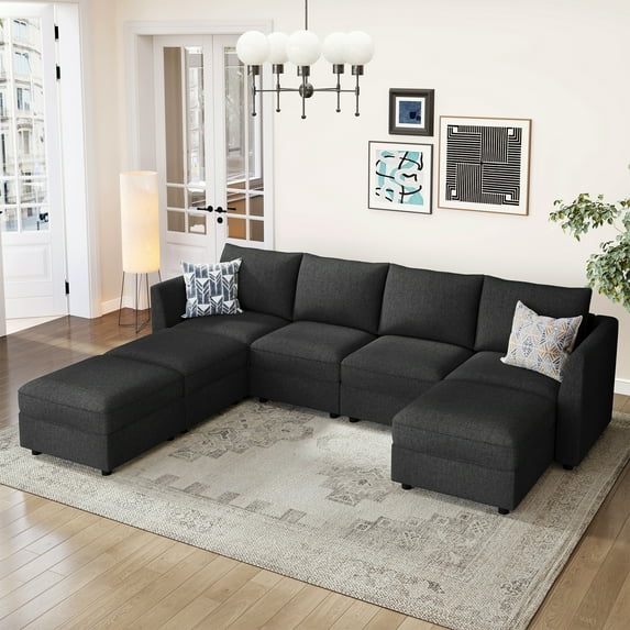 Marrber Convertible Modular Sectional Couches with Reversible Storage Seat and Ottoman, 7-Seater Sleeper Sofa for Living Room, Apartment, Linen Grey
