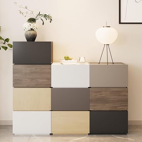 Marrber Modern Nightstand Stackable Storage Drawers, Modular Bedroom Furniture Set - Storage Cabinet, Bedside Table, Sofa End Table for Bedroom Living Room Hallway Entryway Champagne Small 18"