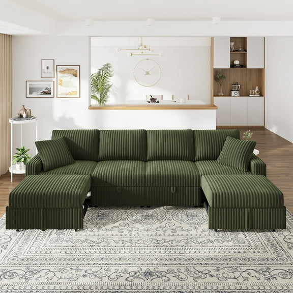 Marrber Modular Sectional Sofa U-Shaped with Two Pull-Out Chaise Bed and Storage Seats for Living Room, Apartment, Plush Corduroy Green